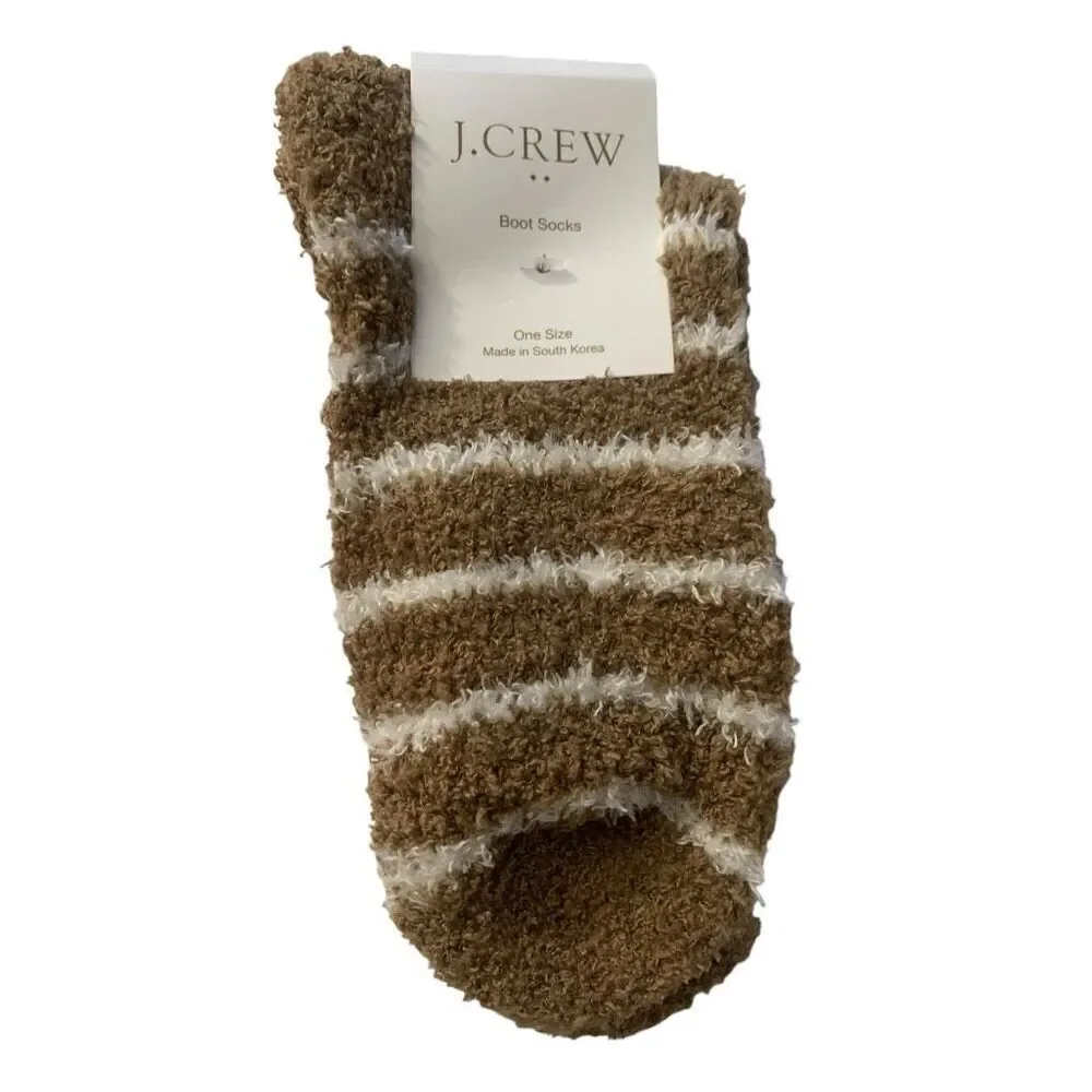 J. Crew in Brown and White Striped Cozy Boot Fuzzy Socks